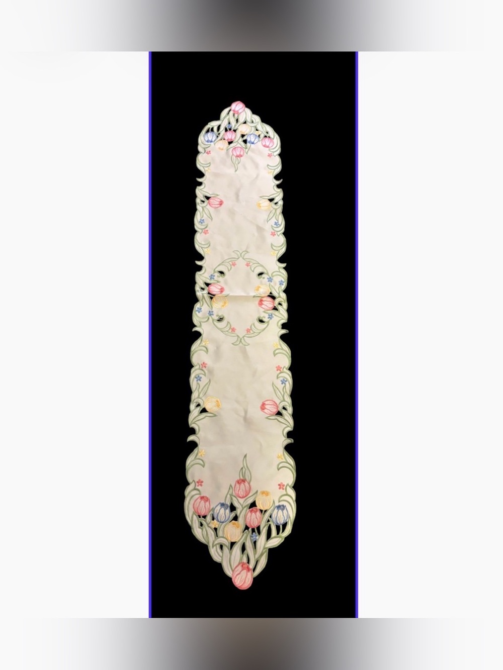 Cream Tulip Embroidered Table Runner with Pastel Floral Accents